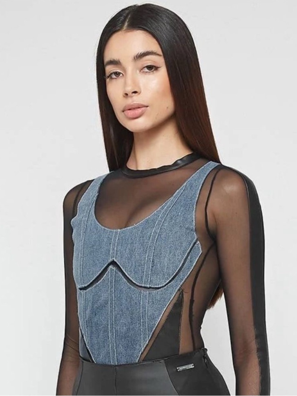 Mesh + Denim Corset Style Bodysuit – NWT – Size UK 12 / US 8
